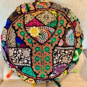 Eyes of India -Bohemian Handmade Embroidered Round Accent Pillow *one of a kind*